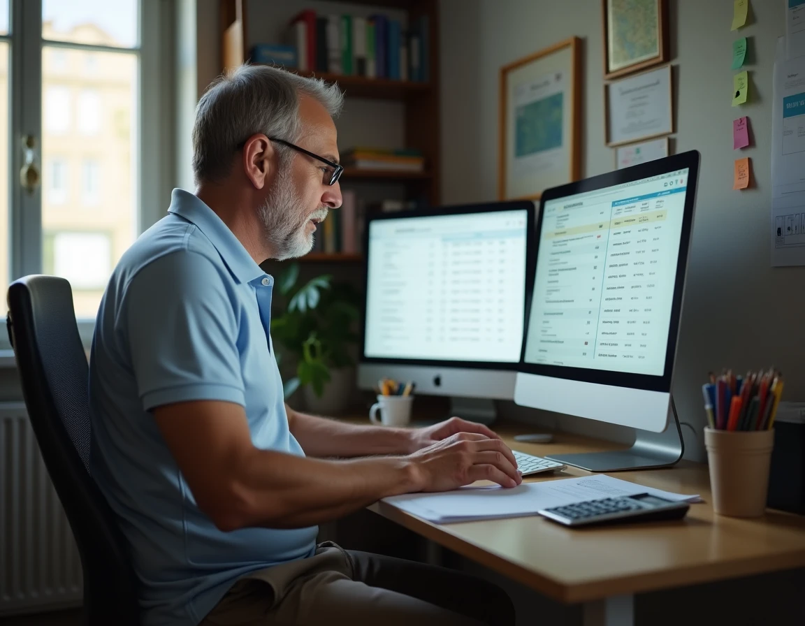 Homme comparant des offres de location de maison entre particuliers sur un ordinateur de bureau dans un espace bureau à domicile
