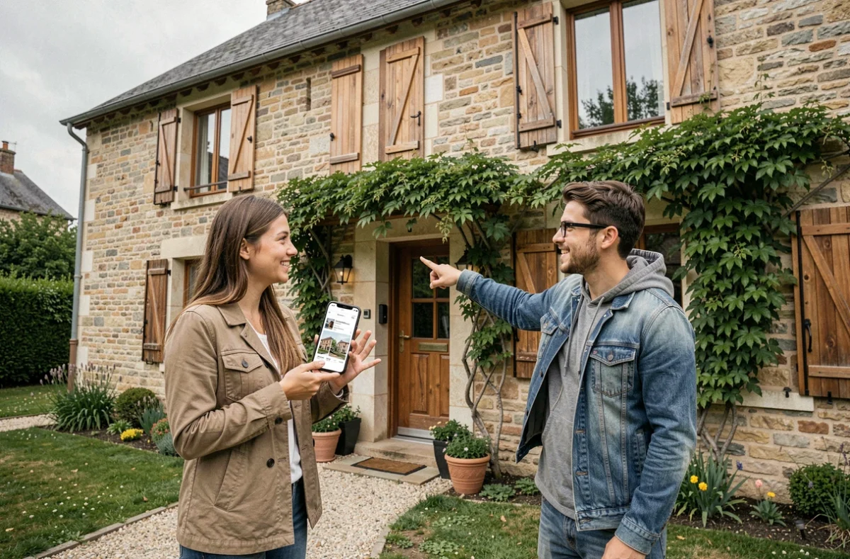 Couple de jeunes adultes visitant une maison à louer entre particuliers devant une façade en pierre typique du sud de la France