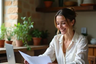 Femme consultant des documents de location de maison entre particuliers sur un ordinateur portable dans une cuisine rustique française