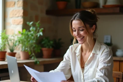 Femme consultant des documents de location de maison entre particuliers sur un ordinateur portable dans une cuisine rustique française