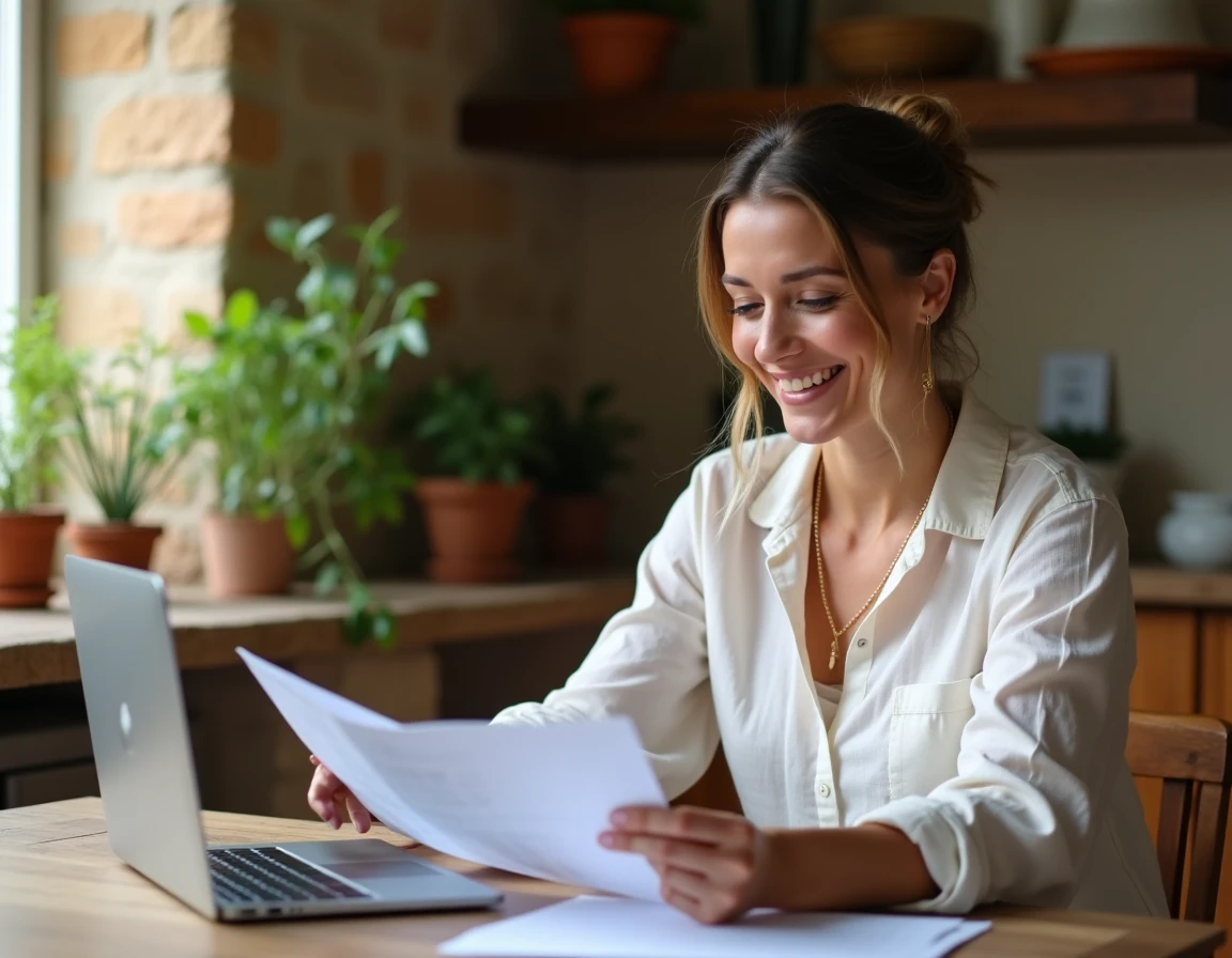 Femme consultant des documents de location de maison entre particuliers sur un ordinateur portable dans une cuisine rustique française
