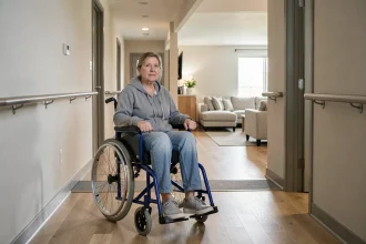 Femme en fauteuil roulant circulant dans un couloir de logement adapté avec barres d'appui et sol sans obstacle