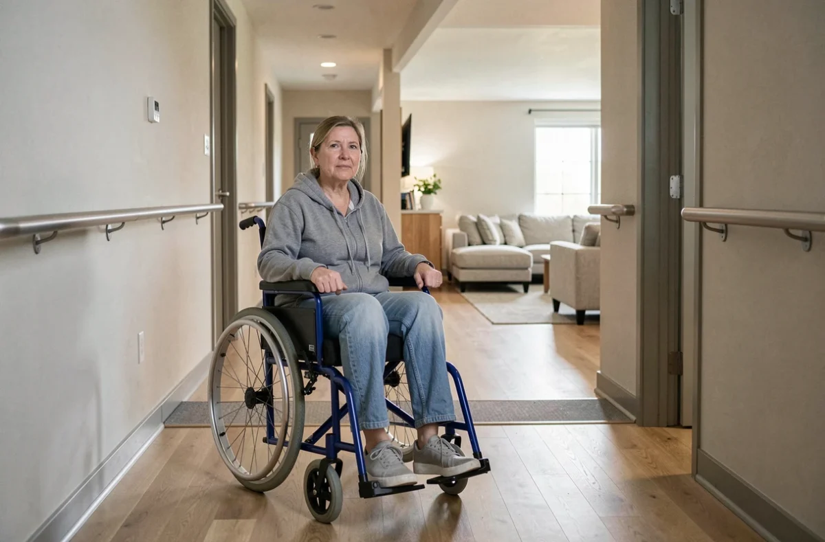 Femme en fauteuil roulant circulant dans un couloir de logement adapté avec barres d'appui et sol sans obstacle