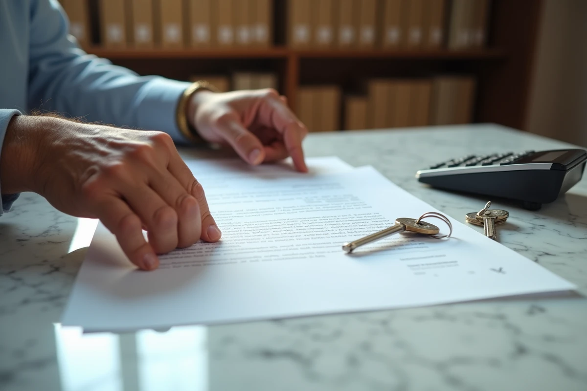 Mains de notaire tenant un contrat immobilier sur une table