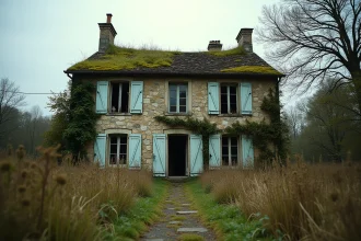 Maison abandonnée en pierre en France avec volets délabrés et jardin envahi par la végétation