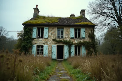Maison abandonnée en pierre en France avec volets délabrés et jardin envahi par la végétation