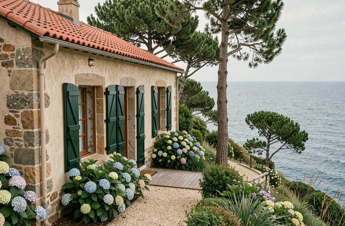 Maison de style basque avec vue sur la mer au Pays Basque, architecture traditionnelle et jardin côtier