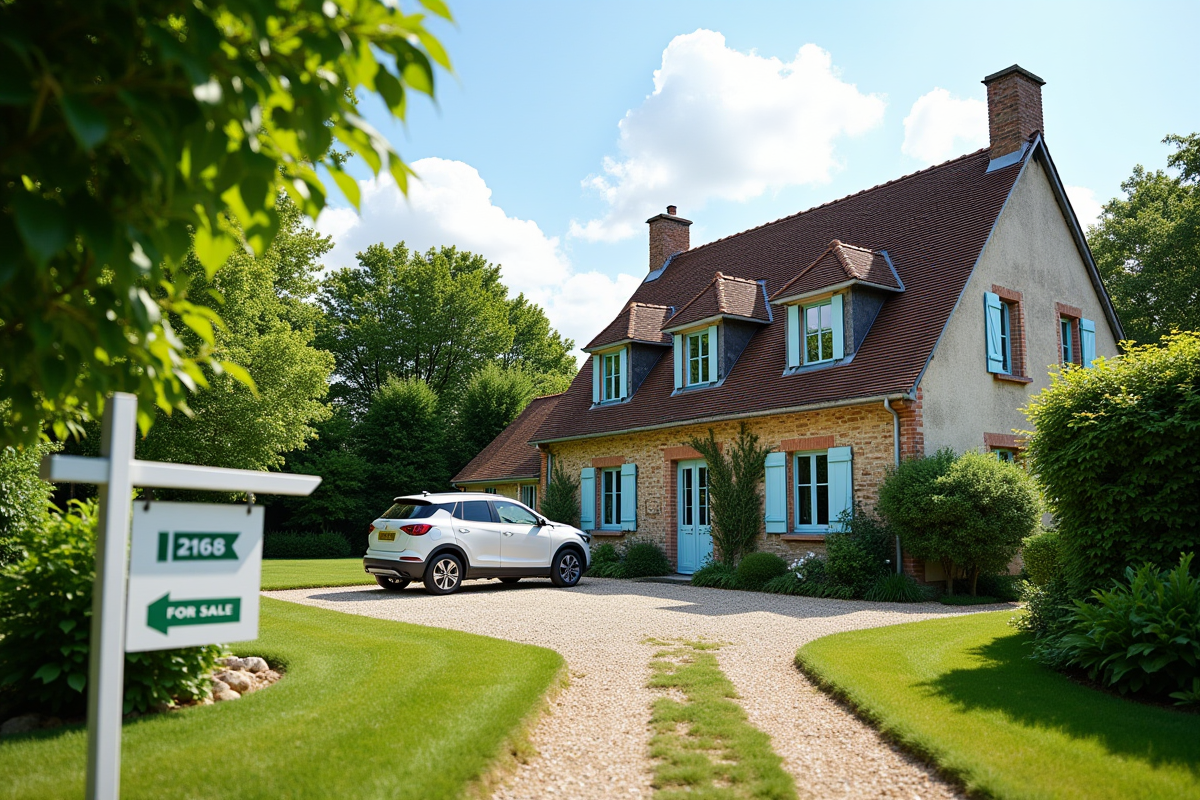 Maison de campagne en France avec panneau vente et jardin