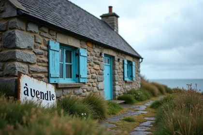 Maison de pêcheur en pierre bretonne à vendre avec volet bleu et panneau immobilier, côte bretagne