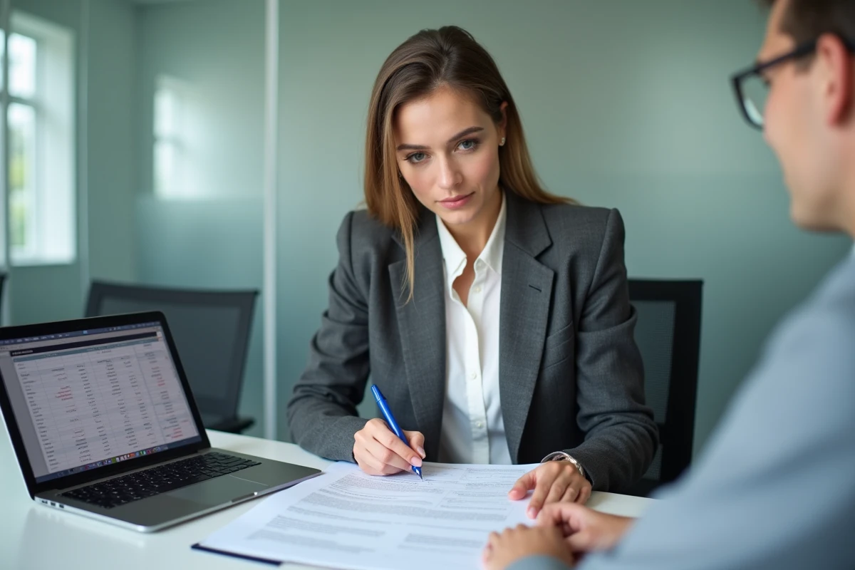 Jeune femme marchand de bien analysant un contrat immobilier pour éviter les erreurs de frais de notaire lors d'un premier achat