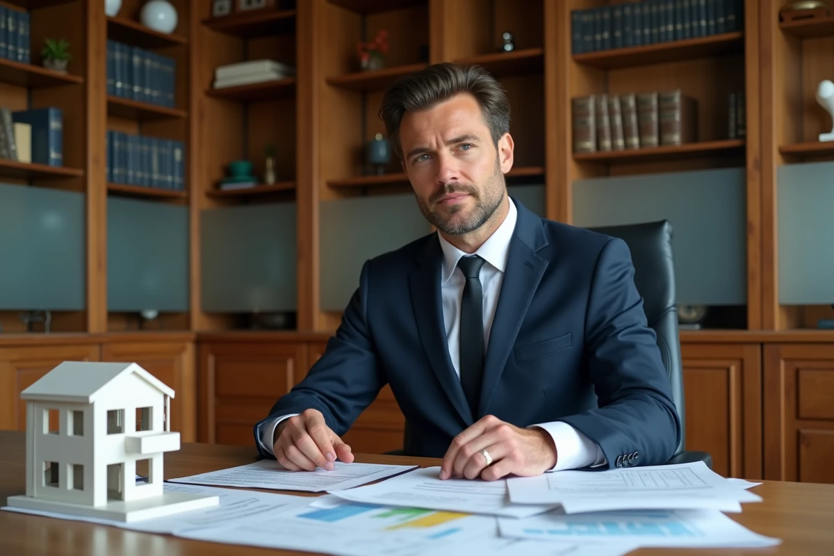 Professionnel de l'immobilier analysant des documents juridiques et financiers pour choisir entre SCI et SAS en tant que marchand de biens