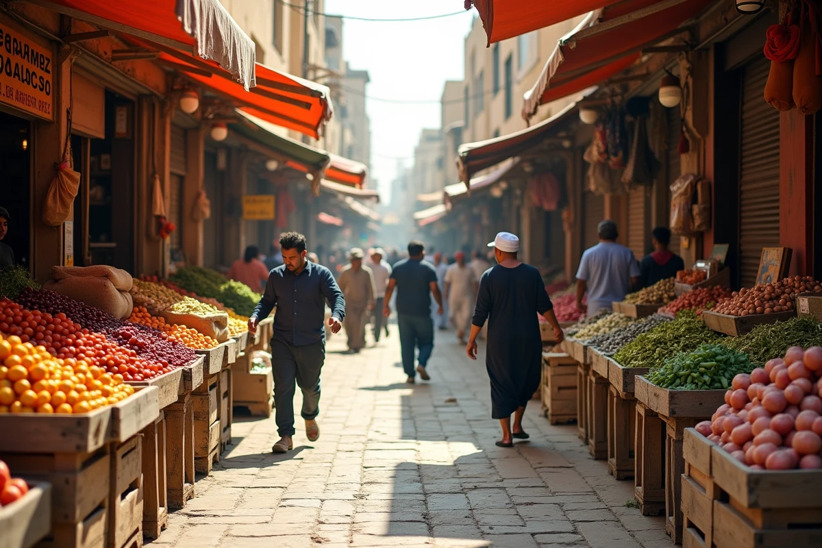 Marché local animé dans un quartier populaire et abordable de Dubaï avec des étals de fruits, épices et textiles