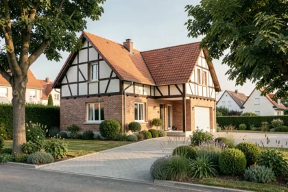 Vue grand angle d'une maison individuelle neuve dans le Grand Est, avec jardin aménagé et façade en briques traditionnelles