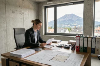 Vue d'ensemble d'un gestionnaire de copropriété travaillant dans un bureau professionnel avec vue sur le Puy-de-Dôme, illustrant le classement des meilleurs syndics du département