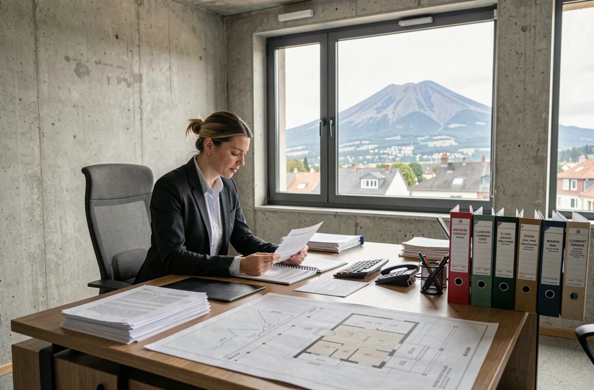 Vue d'ensemble d'un gestionnaire de copropriété travaillant dans un bureau professionnel avec vue sur le Puy-de-Dôme, illustrant le classement des meilleurs syndics du département