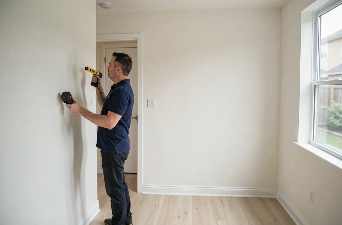 Diagnostiqueur immobilier mesurant la superficie d'un appartement vide avec un télémètre laser pour établir la loi Carrez