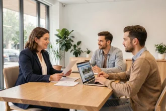Agent immobilier iad en réunion de négociation des frais avec un couple de clients autour d'un bureau en bois dans une agence moderne