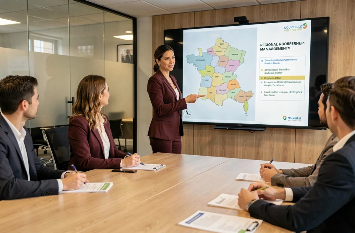Gestionnaire de Nexity Lamy présentant un plan de gestion de copropriété en Nouvelle-Aquitaine lors d'une réunion de copropriétaires
