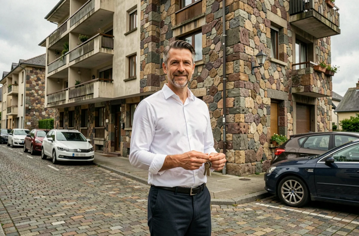 Conseiller de Nexity Lamy Issoire devant un immeuble résidentiel en pierre volcanique à Issoire dans le Puy-de-Dôme