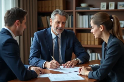 Notaire en costume bleu examinant un contrat immobilier avec un couple