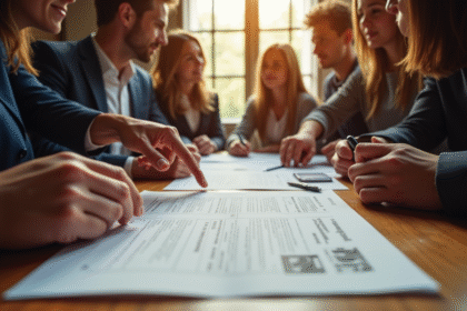 Bureau de notaire avec documents familiaux en discussion