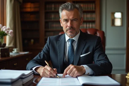 Notaire homme en costume examine documents immobiliers