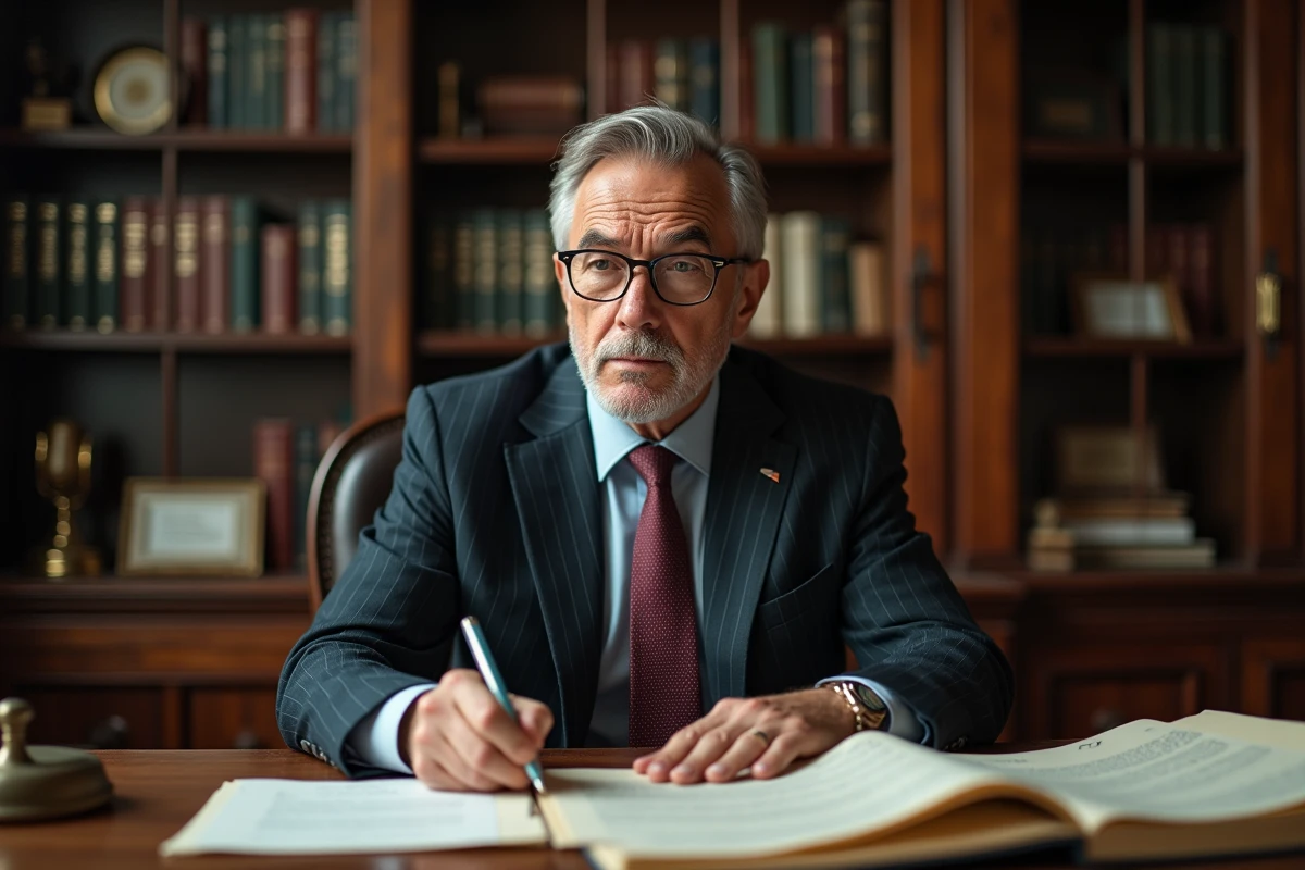 Notaire professionnel examinant des documents immobiliers officiels dans son étude, illustrant les frais de notaire pour marchand de bien