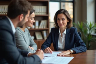 Notaire femme en blazer bleu examine documents avec couple