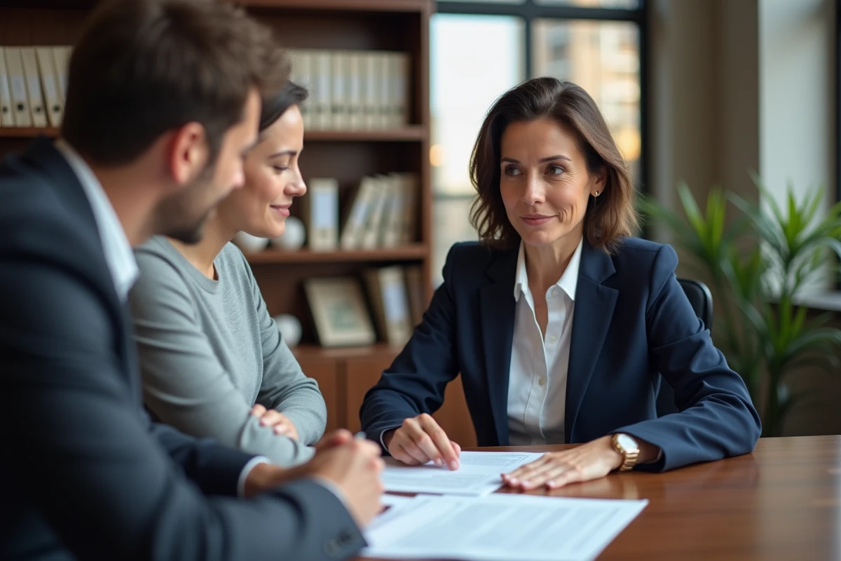 Notaire femme en blazer bleu examine documents avec couple