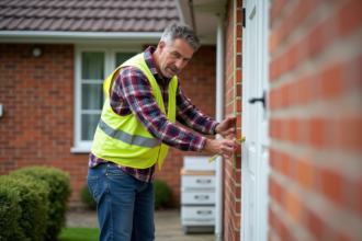 Ouvrier mesurant l'isolation extérieure d'une maison