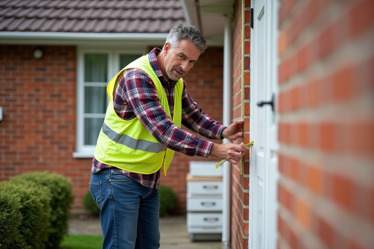Ouvrier mesurant l'isolation extérieure d'une maison