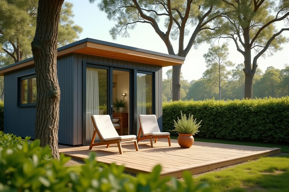 Mobil-home moderne installé sur une parcelle de terrain en Vendée entourée de haies vertes et d'arbres matures