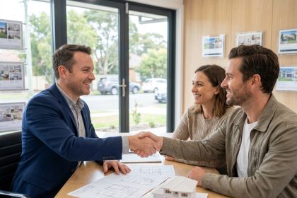 Agent immobilier serrant la main d'un couple dans une agence moderne à Pacé, autour de plans architecturaux et d'une maquette de maison