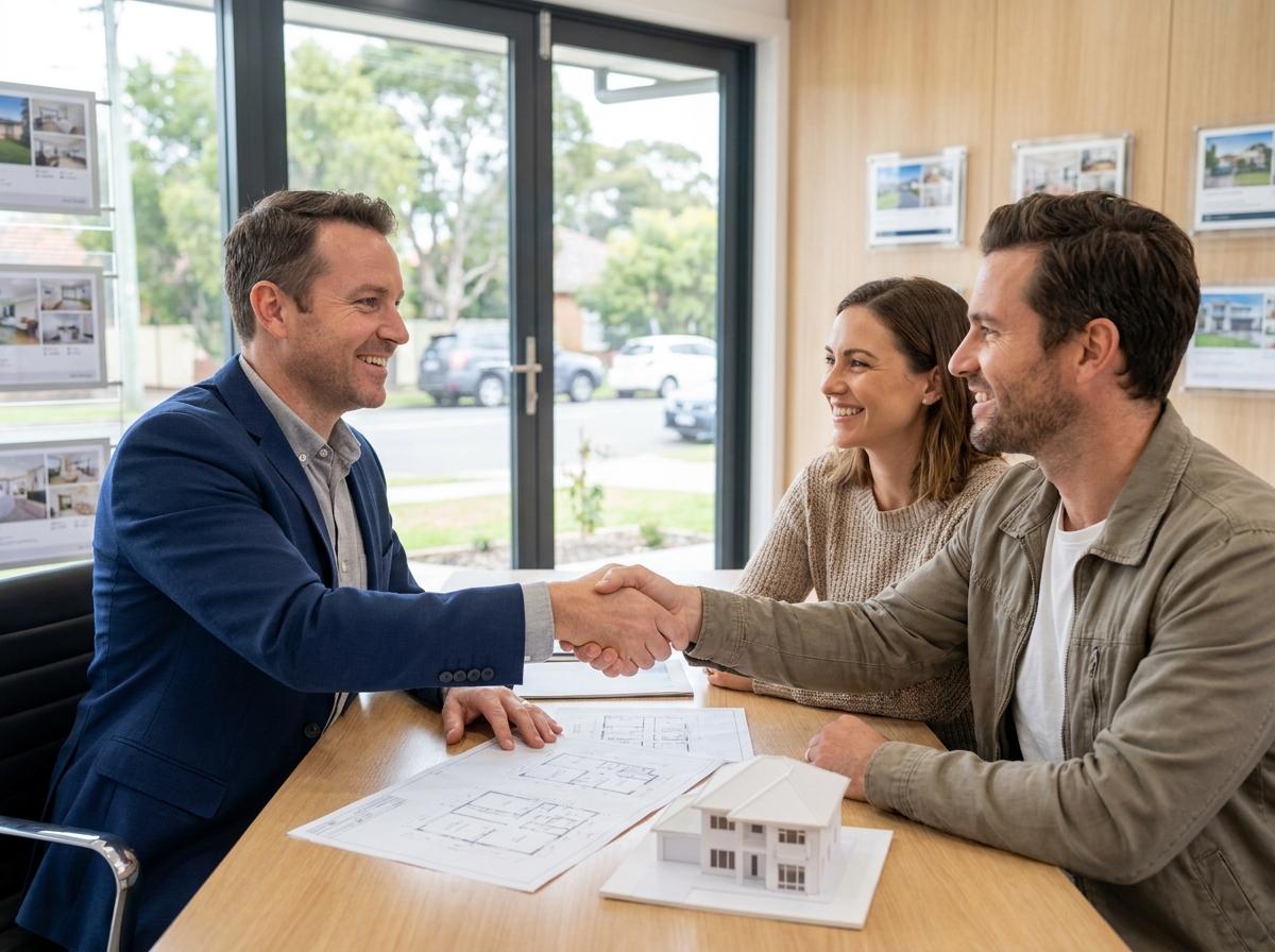 Agent immobilier serrant la main d'un couple dans une agence moderne à Pacé, autour de plans architecturaux et d'une maquette de maison