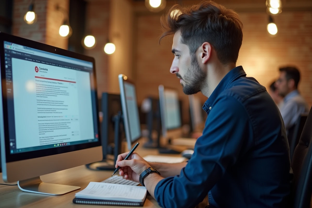 Homme consultant des annonces d'emploi sur Locannonce dans un coworking parisien