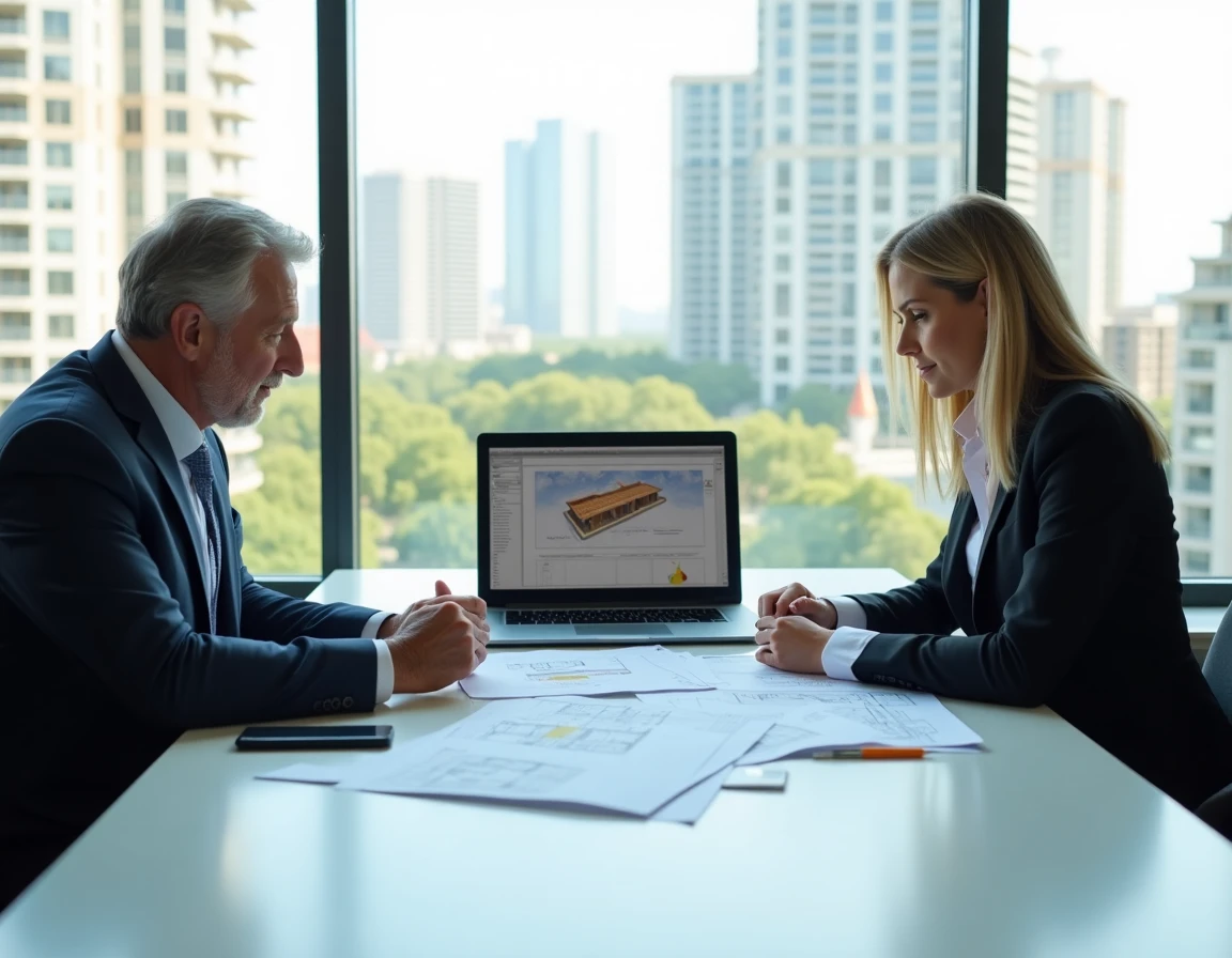Deux professionnels de l'immobilier analysant un logiciel de gestion de promoteur immobilier en salle de réunion