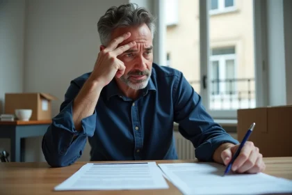 Propriétaire stressé examinant des documents de résiliation de bail incorrects à sa table de cuisine