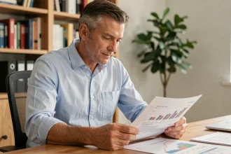 Homme consultant des documents de rachat de prêt immobilier à son bureau à domicile