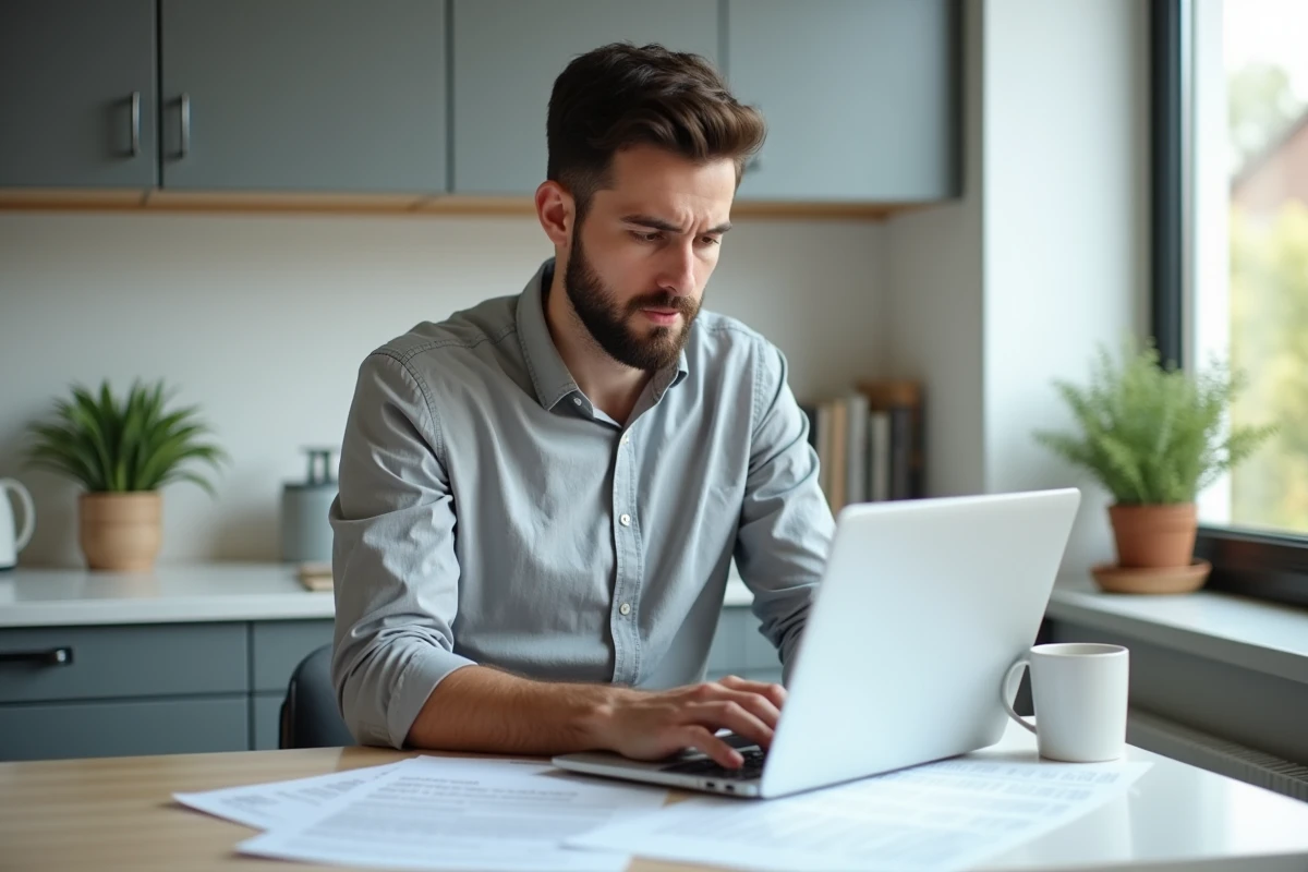 Homme recherchant des informations sur les consultations gratuites chez le notaire depuis son domicile avec des documents imprimés