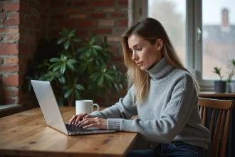 Femme cherchant une location immobilière sur Le Bon Coin dans le Nord depuis son appartement