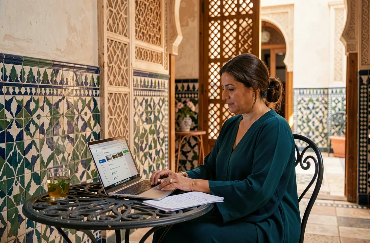 Femme marocaine recherchant un riad pas cher entre particuliers à Marrakech sur un ordinateur dans un patio traditionnel