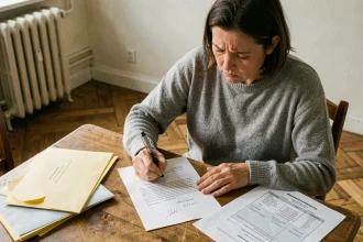 Femme rédigeant une lettre recommandée à son propriétaire à la table de sa cuisine