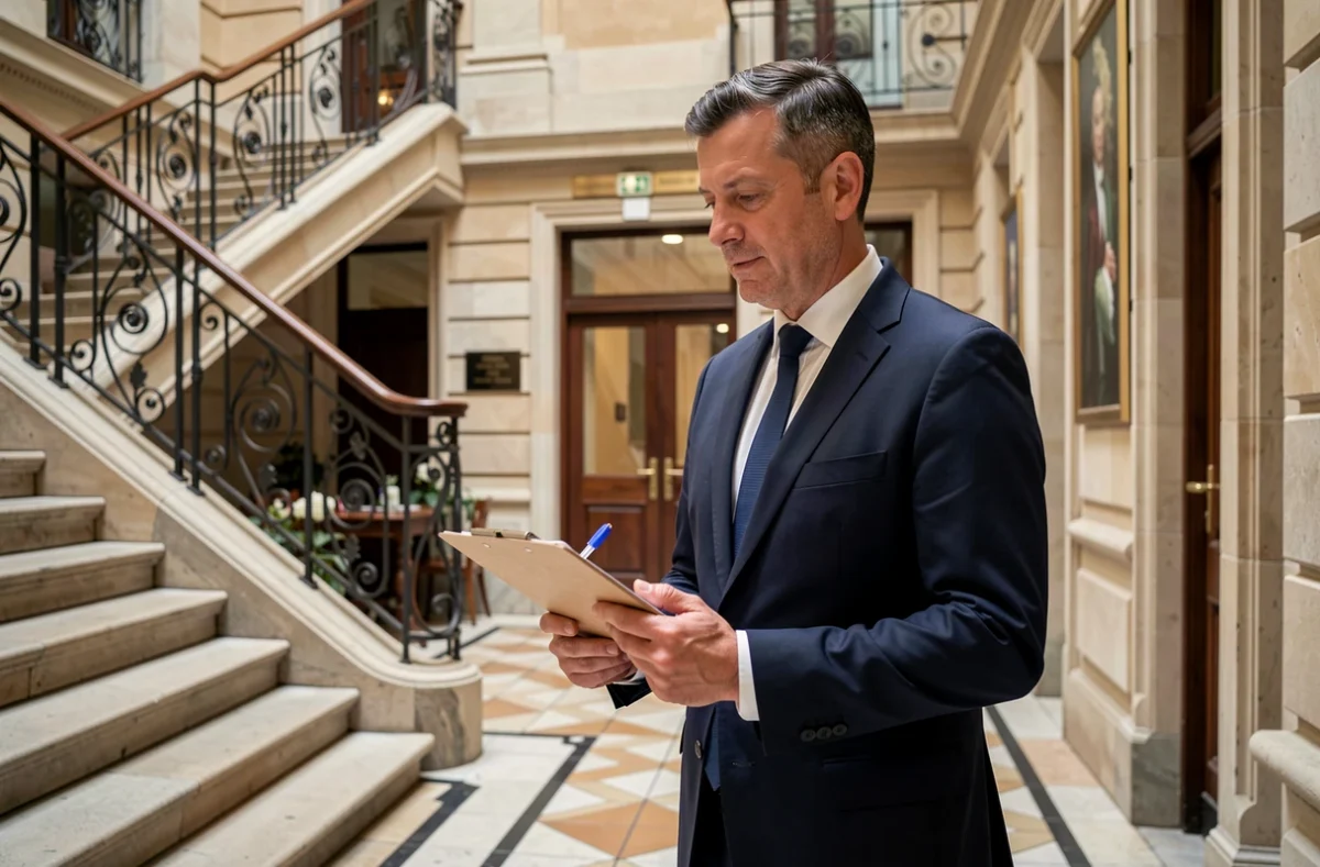 Gestionnaire de la Régie des Immeubles de Clermont inspectant les parties communes d'un immeuble hausmannien à Clermont-Ferrand