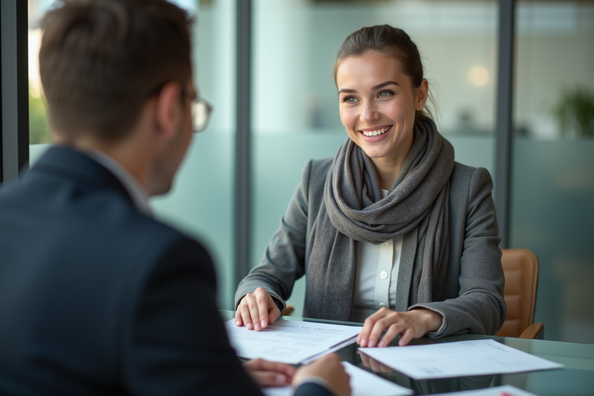 Jeune femme souriante discutant avec un conseiller financier en réunion