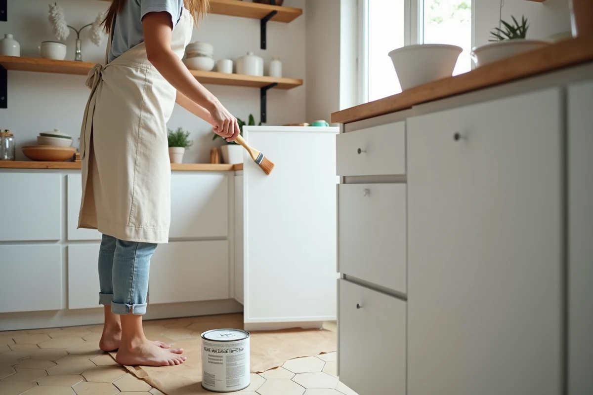 Jeune femme rénovant les meubles d'une petite cuisine de T1 bis avec peinture blanche, carrelage hexagonal et étagères en bois
