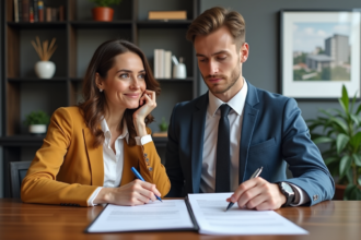Femme d'âge moyen et jeune homme discutent de documents immobiliers