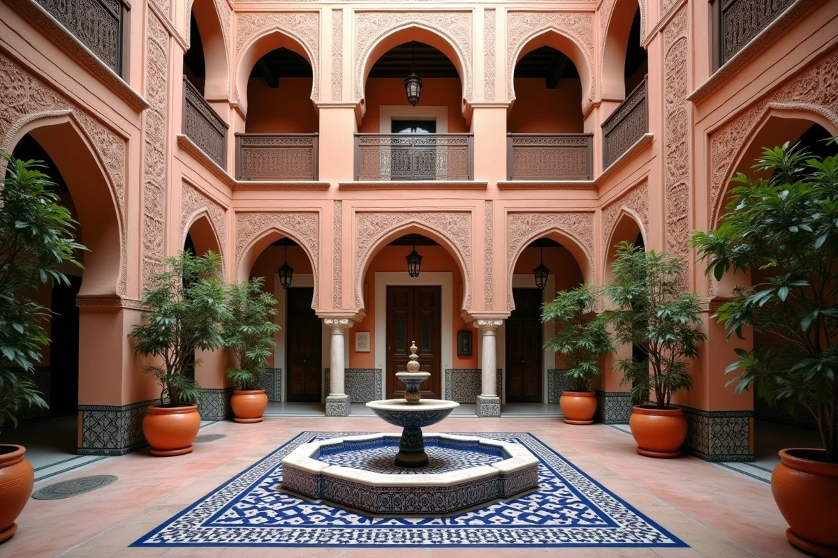 Patio intérieur d'un riad rénové à Marrakech avec fontaine en zellige, moucharabiehs sculptés et orangers en pots
