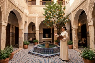 Courtyard intérieure d'un riad traditionnel à Marrakech avec fontaine en zellige et agent immobilier en djellaba