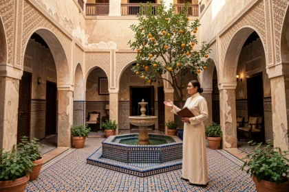 Courtyard intérieure d'un riad traditionnel à Marrakech avec fontaine en zellige et agent immobilier en djellaba