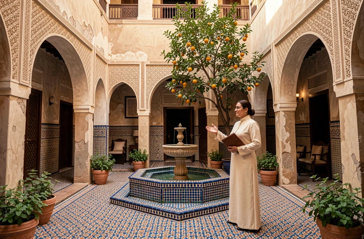 Courtyard intérieure d'un riad traditionnel à Marrakech avec fontaine en zellige et agent immobilier en djellaba